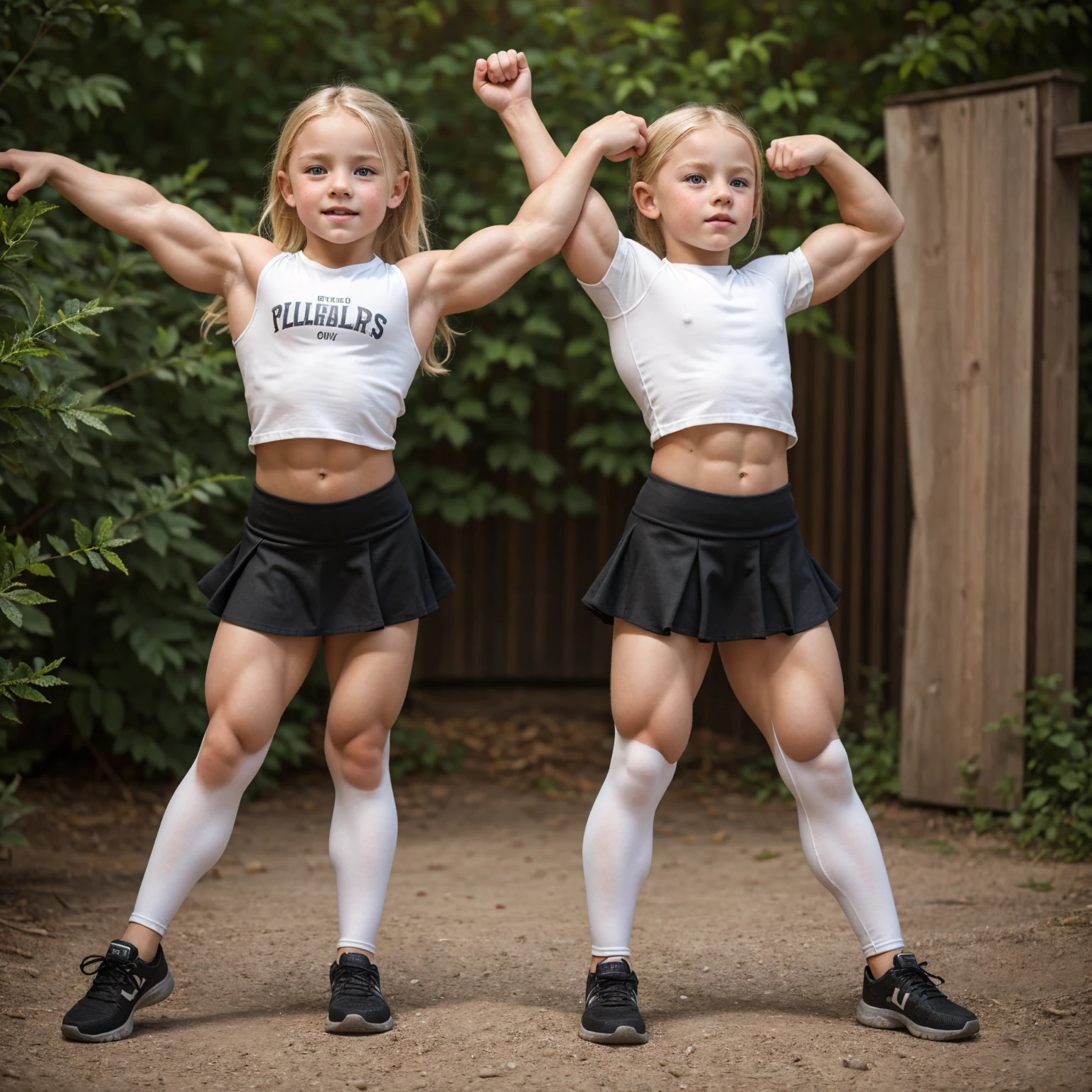 beautiful blonde muscular bodybuilder children girl with big muscles wearing a cute long leggings, skirt, freckles, being outside