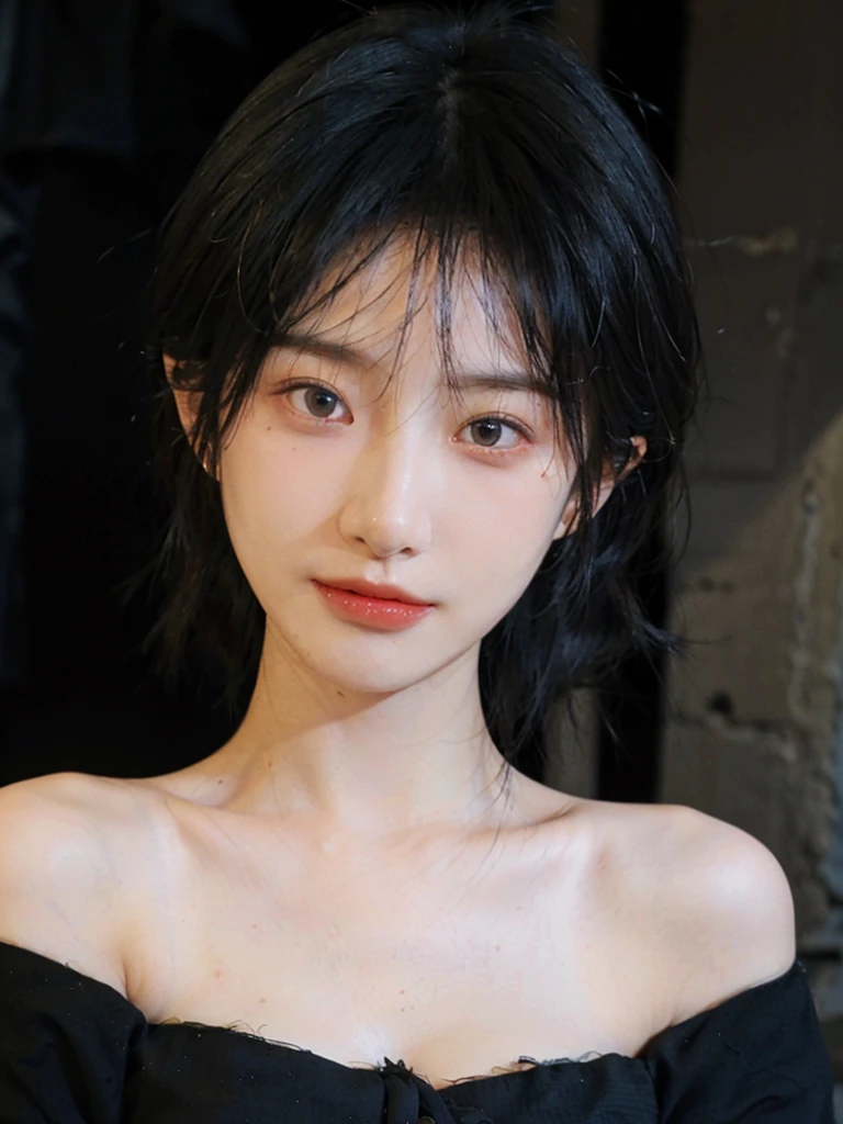 (Skin details:1.4), (smooth skin textures:1.3), （Upper body：1.4），（Upper Body：1.3)，(Black clothes:1.4)，(Off-shoulder：1.4），Lipstick, background, earrings, serene, calm, (Realistic and detailed eyes：1.2）, Natural skin texture, Realistic facial details, Soft dramatic lighting, Vivid details, 35 mm film, outdoor, (Photo Practical:1.4), (hyper Practical:1.4), (Practical:1.3), (Smoother lighting:1.05), (Improve lighting quality:0.9), (Highest quality real skin textures:1.4), Exquisite eyes, Delicate face, Close-up of face, (Enhance the beauty of skin texture:1.1),0Normal body proportions, short hair, Moles under the eyes, A faint smile,Portrait Photography, Depth of Field, Bokeh, Surrealism, Ray Tracing, (Portrait Photography:1.1), Surrealism, High Detail, Chiaroscuro, Ray Tracing, reflected light, Ultra HD, Ultra HD, masterpiece, Textured Skin, Super Detail, High Detail, high quality, best quality