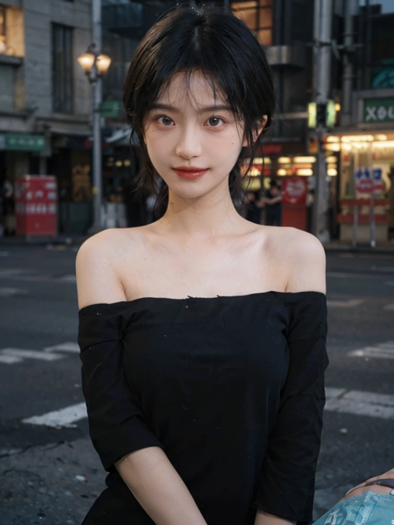 (Skin details:1.4), (smooth skin textures:1.3), （Upper body：1.4），（Upper Body：1.3)，(Black clothes:1.4)，(Off-shoulder：1.4），Lipstick, background, earrings, serene, calm, (Realistic and detailed eyes：1.2）, Natural skin texture, Realistic facial details, Soft dramatic lighting, Vivid details, 35 mm film, outdoor, (Photo Practical:1.4), (hyper Practical:1.4), (Practical:1.3), (Smoother lighting:1.05), (Improve lighting quality:0.9), (Highest quality real skin textures:1.4), Exquisite eyes, Delicate face, Close-up of face, (Enhance the beauty of skin texture:1.1),0Normal body proportions, short hair, Moles under the eyes, A faint smile,Portrait Photography, Depth of Field, Bokeh, Surrealism, Ray Tracing, (Portrait Photography:1.1), Surrealism, High Detail, Chiaroscuro, Ray Tracing, reflected light, Ultra HD, Ultra HD, masterpiece, Textured Skin, Super Detail, High Detail, high quality, best quality