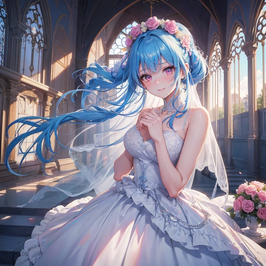 Sky blue hair, (One braided ponytail),(Pink Eyes),Fair skin ,(whole body),(One girl),bride,A big smile,Straight bangs, 6月のbride,Wedding dress,(masterpiece, Highest quality, Very detailed, Best Shadow), (Detailed Background), (Beautifully detailed face), High Contrast, (Best lighting, Very delicate and beautiful), ((Cinematic Light)), colorful, Hyper Detail, Dramatic Light, Intricate details,Chapel background,A bouquet of roses in the right hand,Ring on left ring finger,