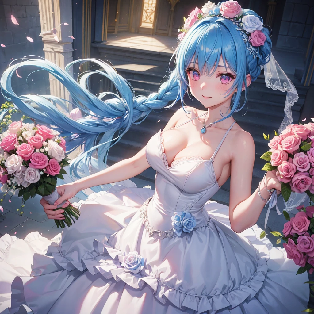 Sky blue hair, (One braided ponytail),(Pink Eyes),Fair skin ,(whole body),(One girl),bride,A big smile,Straight bangs, 6月のbride,Wedding dress,(masterpiece, Highest quality, Very detailed, Best Shadow), (Detailed Background), (Beautifully detailed face), High Contrast, (Best lighting, Very delicate and beautiful), ((Cinematic Light)), colorful, Hyper Detail, Dramatic Light, Intricate details,Chapel background,A bouquet of roses in the right hand,Ring on left ring finger,