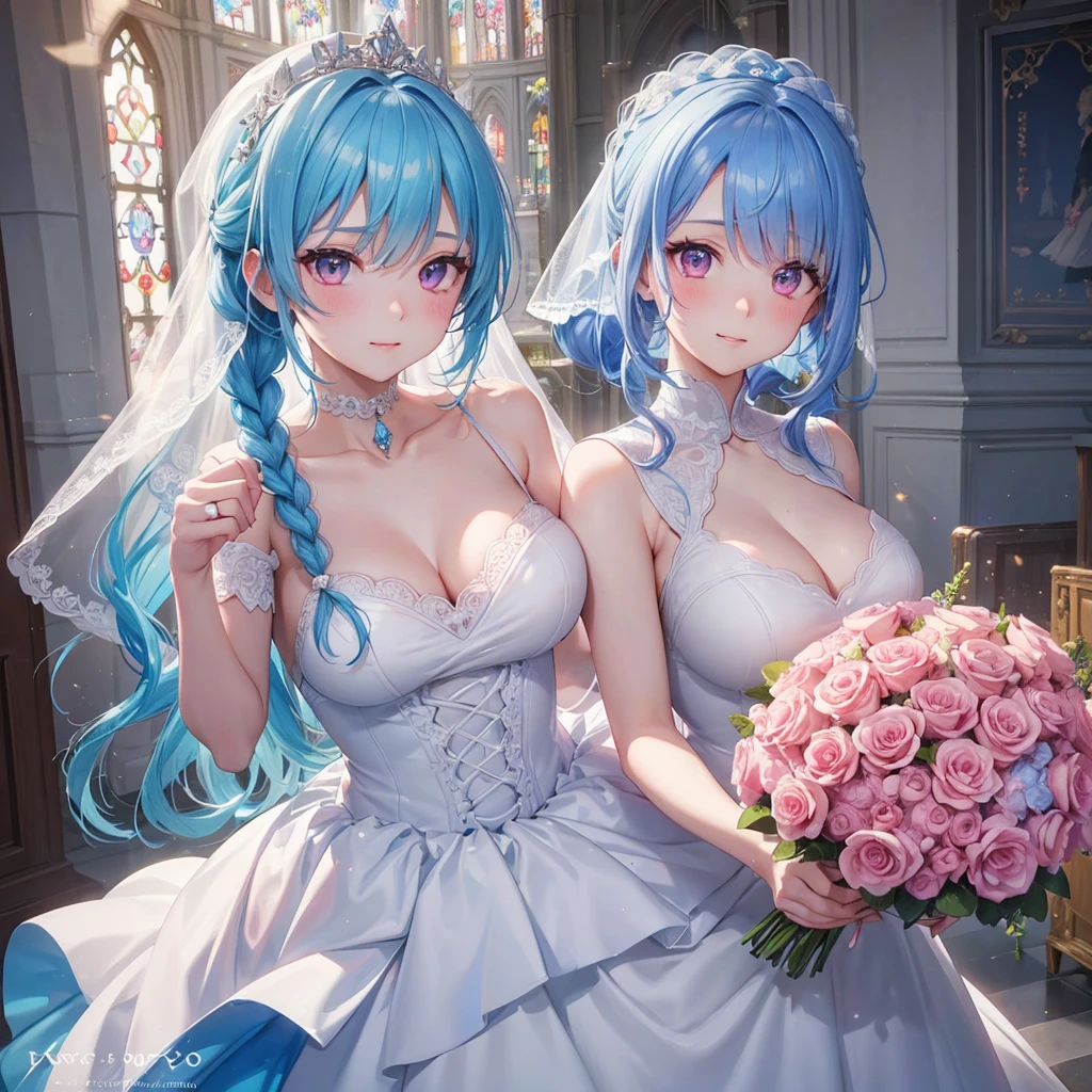 Sky blue hair, (One braided ponytail),(Pink Eyes),Fair skin ,(whole body),(One girl),bride,A big smile,Straight bangs, 6月のbride,Wedding dress,(masterpiece, Highest quality, Very detailed, Best Shadow), (Detailed Background), (Beautifully detailed face), High Contrast, (Best lighting, Very delicate and beautiful), ((Cinematic Light)), colorful, Hyper Detail, Dramatic Light, Intricate details,Chapel background,A bouquet of roses in the right hand,Ring on left ring finger,
