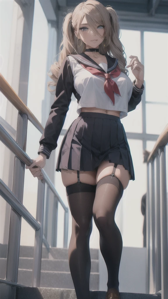 ((Correct Anatomy)),(Detailed image quality),(Female student)、((school uniform))、((Sailor suit))、(Mini Pleated Skirt),(((Black Stockings))),((School Uniform)),((standing)),Ultra-high resolution,Mature Woman, Mature Woman, Very detailed,Sunburned skin,Brown Skin,((Beautiful legs)), (Big Breasts),((Beautiful feet)),Perfect hands, Detailed fingers, Beautiful details, ((Long, long hair)),((Twin tails)),Black Choker, Earrings,loafers,Perfect Eyes, Captivating eyes,(School stairs)