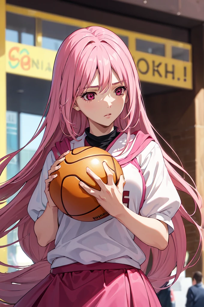 1girl, (masterpiece), (perfect details), (High resolution), (high quality), (sharp focus), (best quality), (solo), (masterpiece:1.2),(best quality:1.2), kiryuuin satsuki, pink hair, long hair, floating hair, pink eyes, wearing basketball clothes