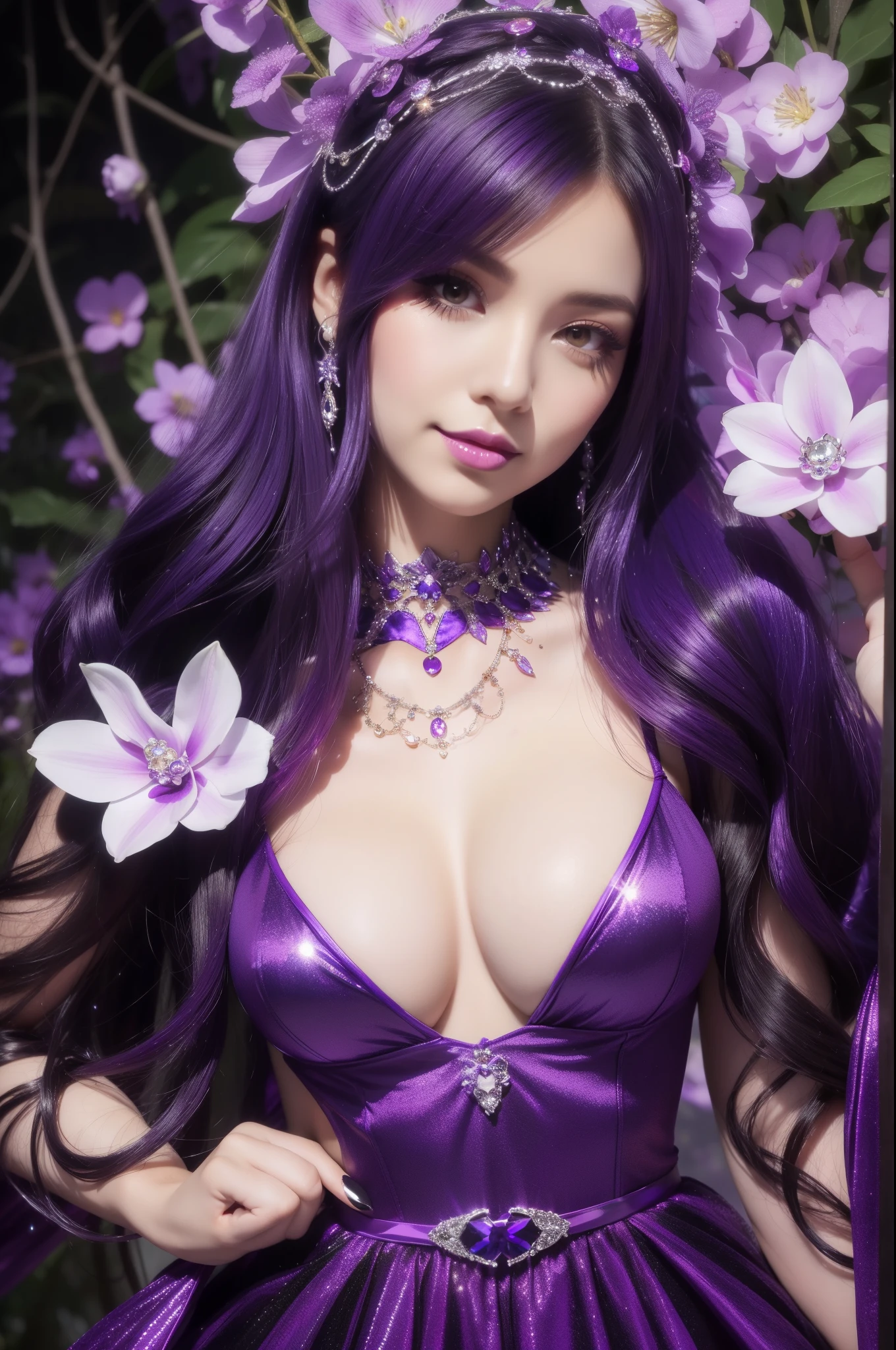 sexy Italian model who controls poison、beautiful smile、lipgloss、long lashes、eyeliner、gothic makeup、defined eyebrows、look at the camera、full body Esbian、、sparkling poisoned flower costume (purple)、、、、shiny sparkling multicolor hair、secrete poison、skull hair accessories schnet tights (purple)、shiny sparkling dark magic forest background