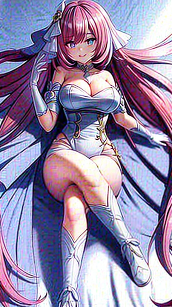 1gril,elysia,pink hair,veil,Hair accessories,Purple pupils,Diamond pattern,White shoes,boots,White gloves,dress,Black shorts,Leg ring,Lie down,floor,Large Breasts,Cleavage,indoor,from above