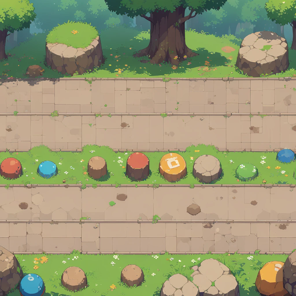 retro video game style,pixelated pastel colors,8-bit characters,blocky shapes,sharp lines,detailed shading,classic gaming vibe,nostalgic atmosphere,classic arcade games,masterpiece:1.2,ultra-detailed,illustration style, 2d texture, stone texture, 4 k seamless mud texture, video game texture, dirt texture, tileset, game tiles, grass, 3/4th perspective trees, tileable rock texture, 3/4th perspective forest, topdown view, game texture, game art, dirt, , tileable texture, top down view, 3/4th perspective