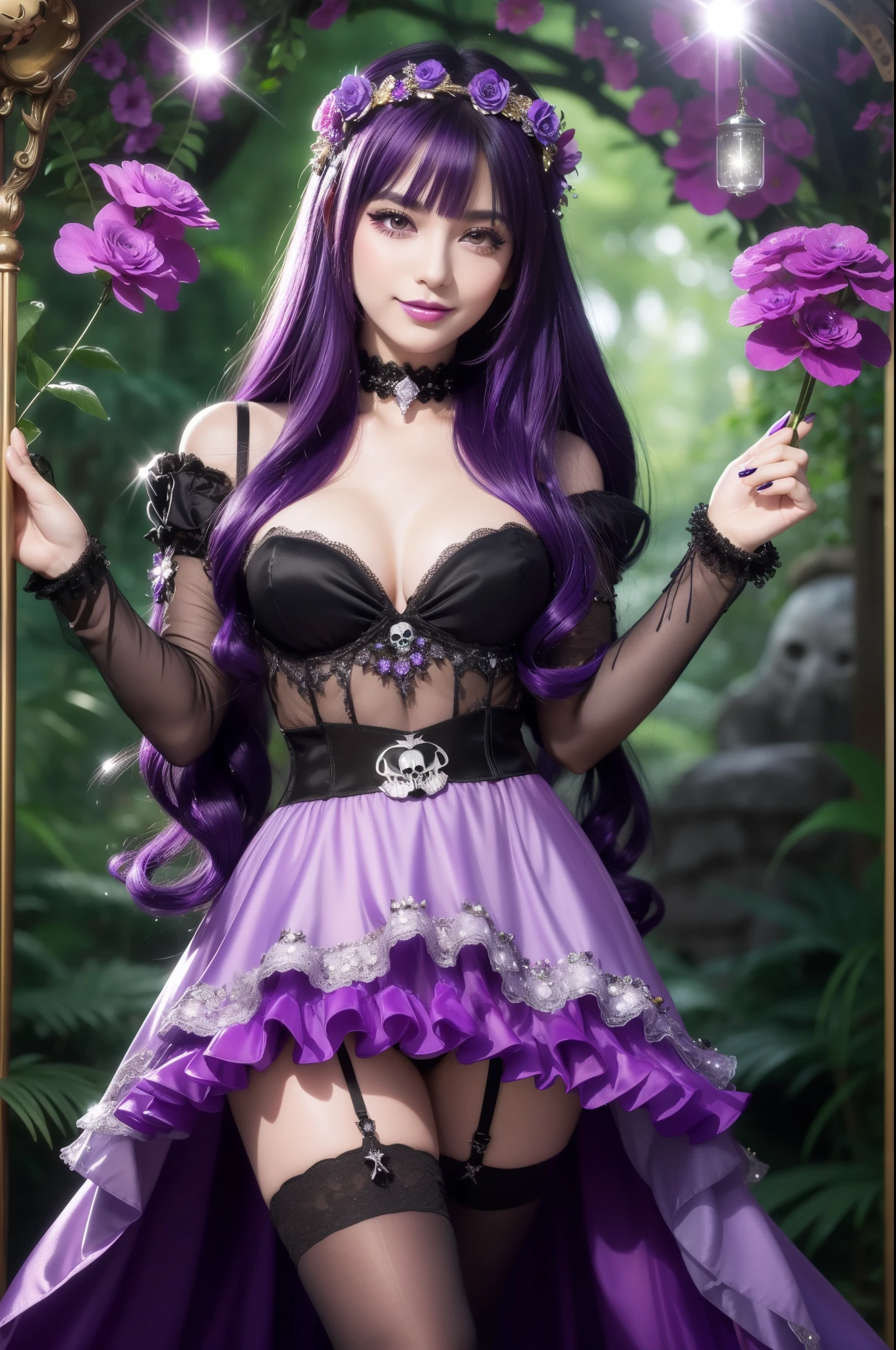 sexy Italian model who controls poison、beautiful smile、lipgloss、long lashes、eyeliner、gothic makeup、defined eyebrows、look at the camera、full body Esbian、、sparkling poisoned flower costume (purple)、、、、shiny sparkling multicolor hair、secrete poison、skull hair accessories schnet tights (purple)、shiny sparkling dark magic forest background