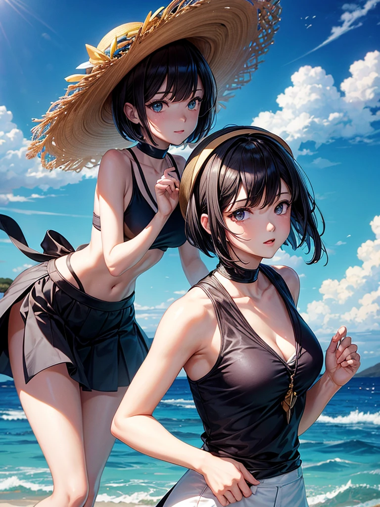 masterpiece, high-quality, a young woman, Anime illustration style, wearing black sleeveless, short bob Hair, holding hat behind head with both hands, sunny summer day with the blue sea