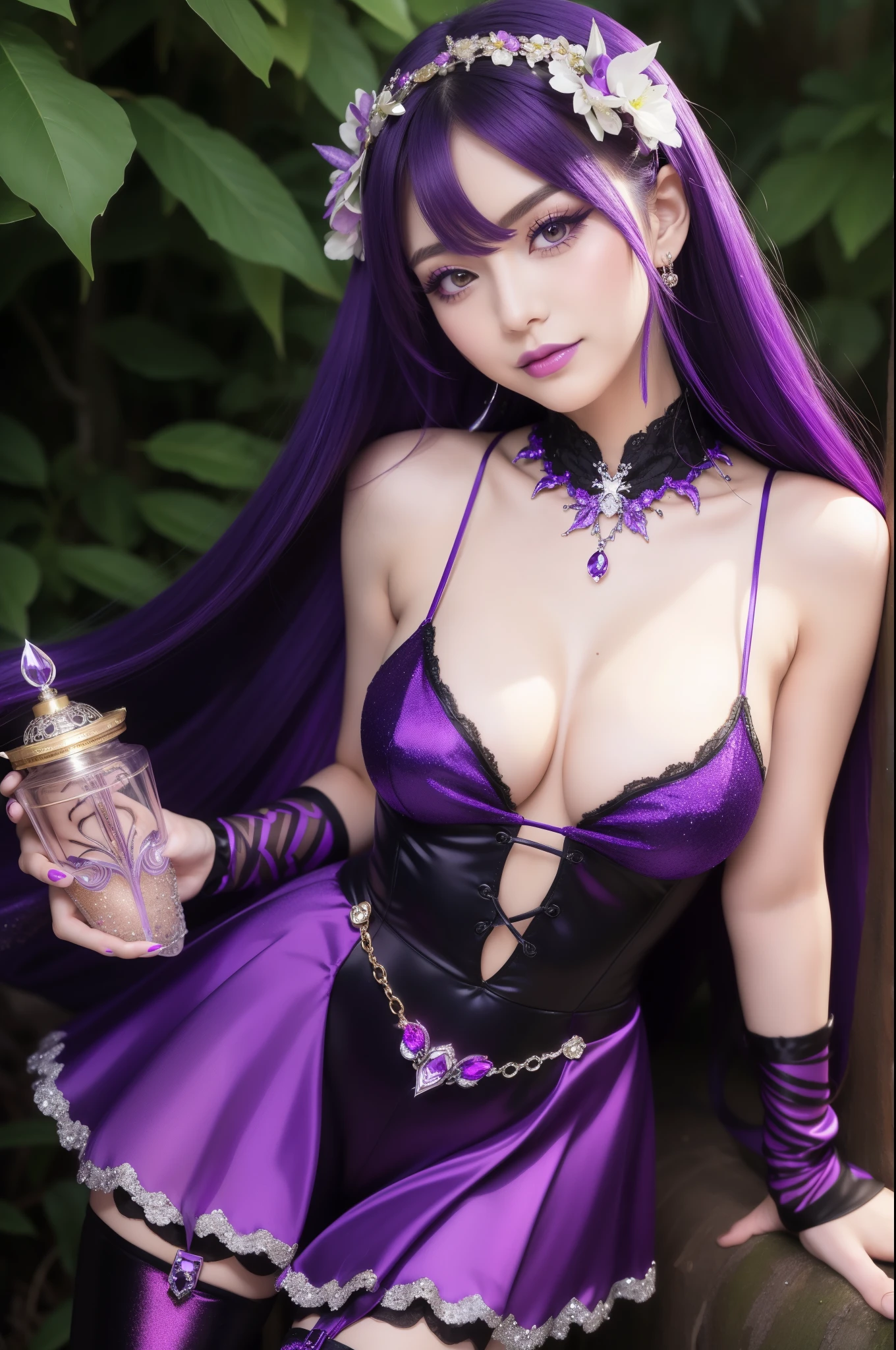 sexy Italian model who controls poison、beautiful smile、lipgloss、long lashes、eyeliner、gothic makeup、defined eyebrows、look at the camera、full body Esbian、、sparkling poisoned flower costume (purple)、、、、shiny sparkling multicolor hair、secrete poison、skull hair accessories schnet tights (purple)、shiny sparkling dark magic forest background