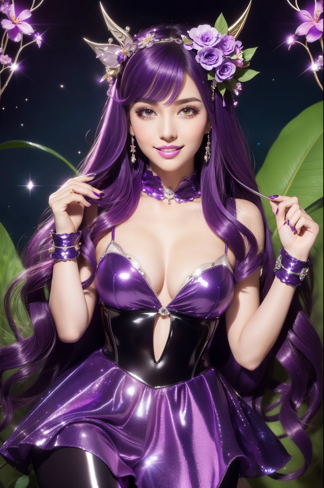 sexy Spanish model who controls poison、beautiful smile、lipgloss、long lashes、eyeliner、metallic makeup、defined eyebrows、look at the camera、full body Esbian、、sparkling poisoned flower costume (purple)、、、、shiny sparkling multicolor hair、secrete poison、skull hair accessories schnet tights (purple)、shiny sparkling dark magic forest background