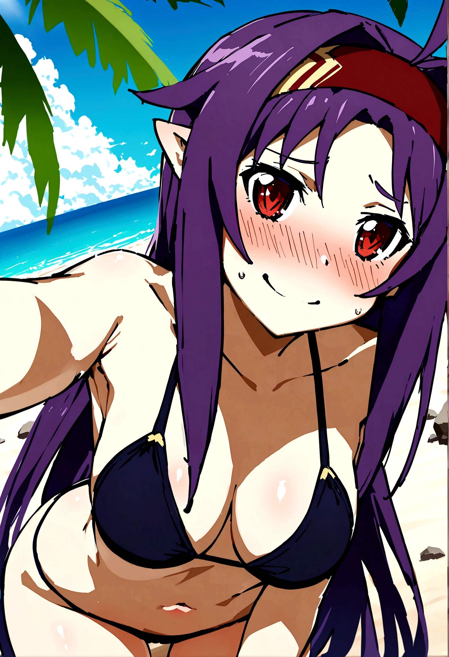 NSFW,masterpiece,Highest quality,High resolution,Super detailed,(Sword Art Online\), Purple Hair, Long Hair, Ahoge, Red eyes, Pointed Ears, hair band,High quality sexy bikini,Embarrassed,A cheerful smile,blush,beach,Palm tree,Rock Shade