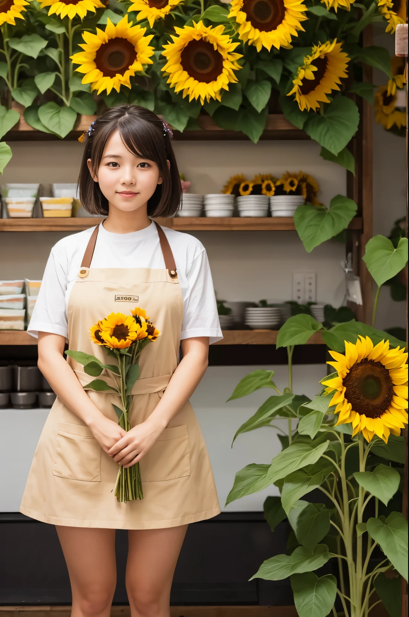 A 20-year-old girl working at a flower shop with lots of sunflowers.（Wearing a miniskirt and apron）
