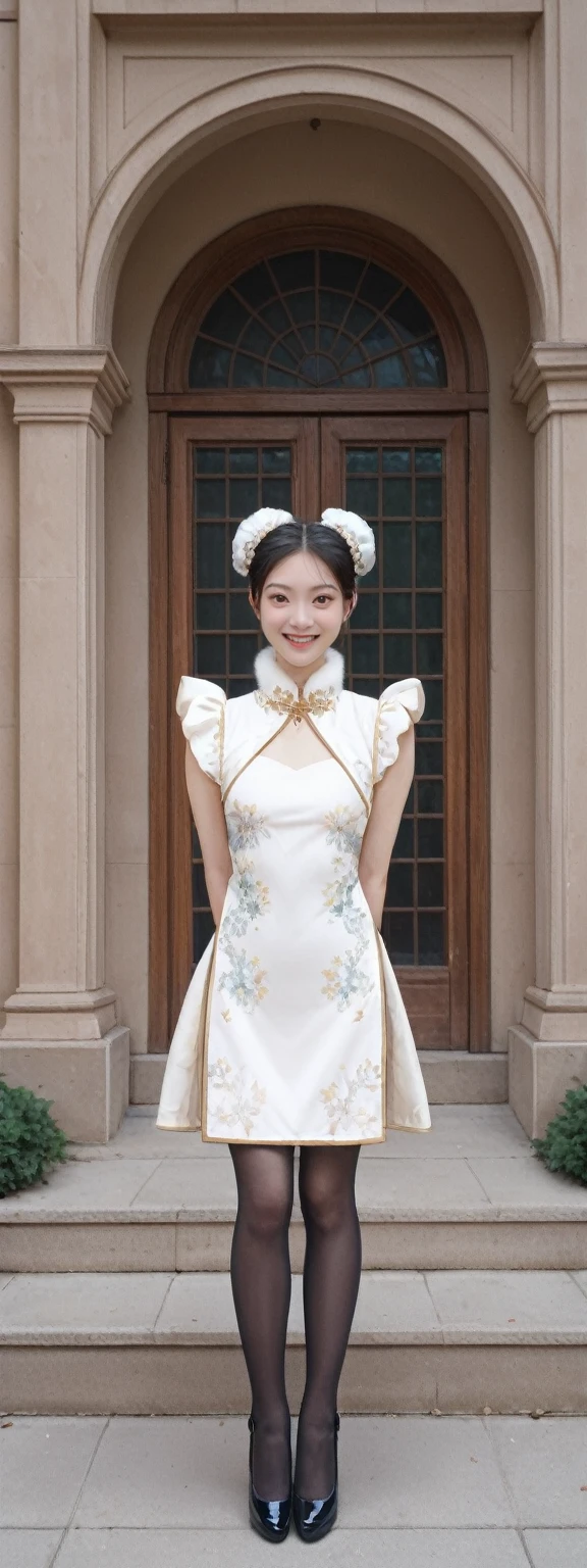 score_9, score_8_up, score_7_up, BREAK,
In this 16k masterpiece wallpaper, an extremely refined and beautiful girl stands solo in a day scene outside a Roman-style mansion. Her small head and bun hair complement her small, perfectly detailed face. Her makeup is exquisite, with small breasts and a flat chest, emphasizing her slim, thin figure. She's wearing a fur collar and a gorgeous, exquisitely embroidered cloak that reveals her clavicle. Underneath, she has on a Maxi cheongsam, with slender legs and pantyhose, and high heels. The scene is set in a garden-style courtyard, with a detailed background and snowscape, creating a winter wonderland ambiance. Her arms are behind her back, and she's smiling, radiating happiness and charm.