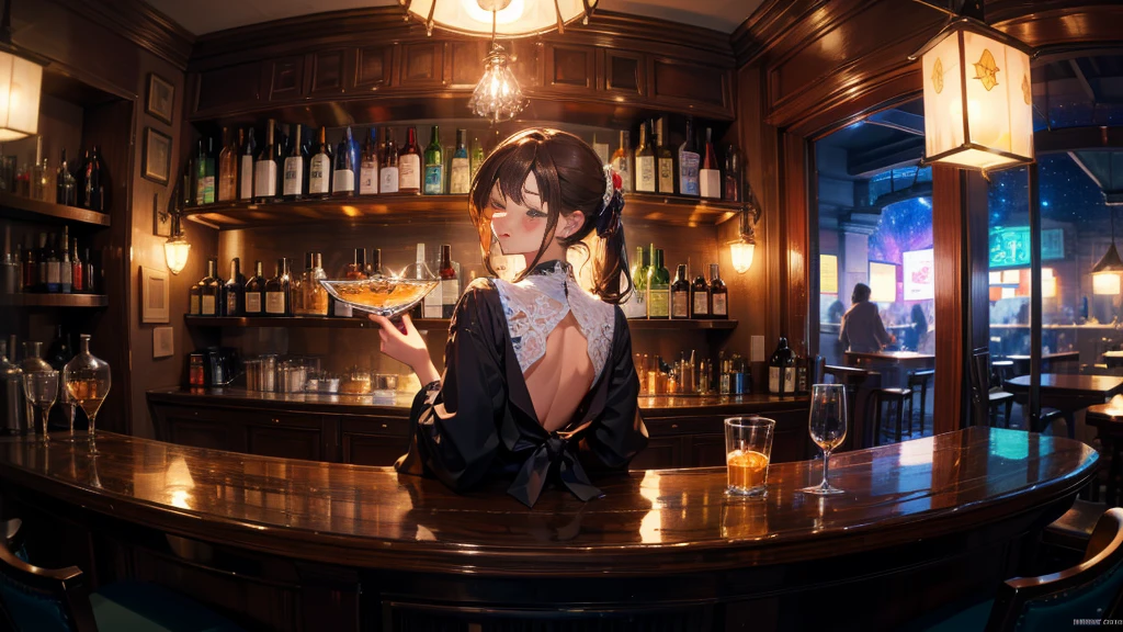masterpiece, best quality, high quality, detailed, ultra detailed, hyper detailed, insanely detailed, exquisite, beautiful, FHD, Full-HD, 4K, 8K, 16K, highres, absurdres, bar, 1woman, intelligent, eyes closed, brown hair, long hair tied back, slim, bartender, piercing, in the bar, with a window, with a nebula, with a starry sky, at night, beautiful