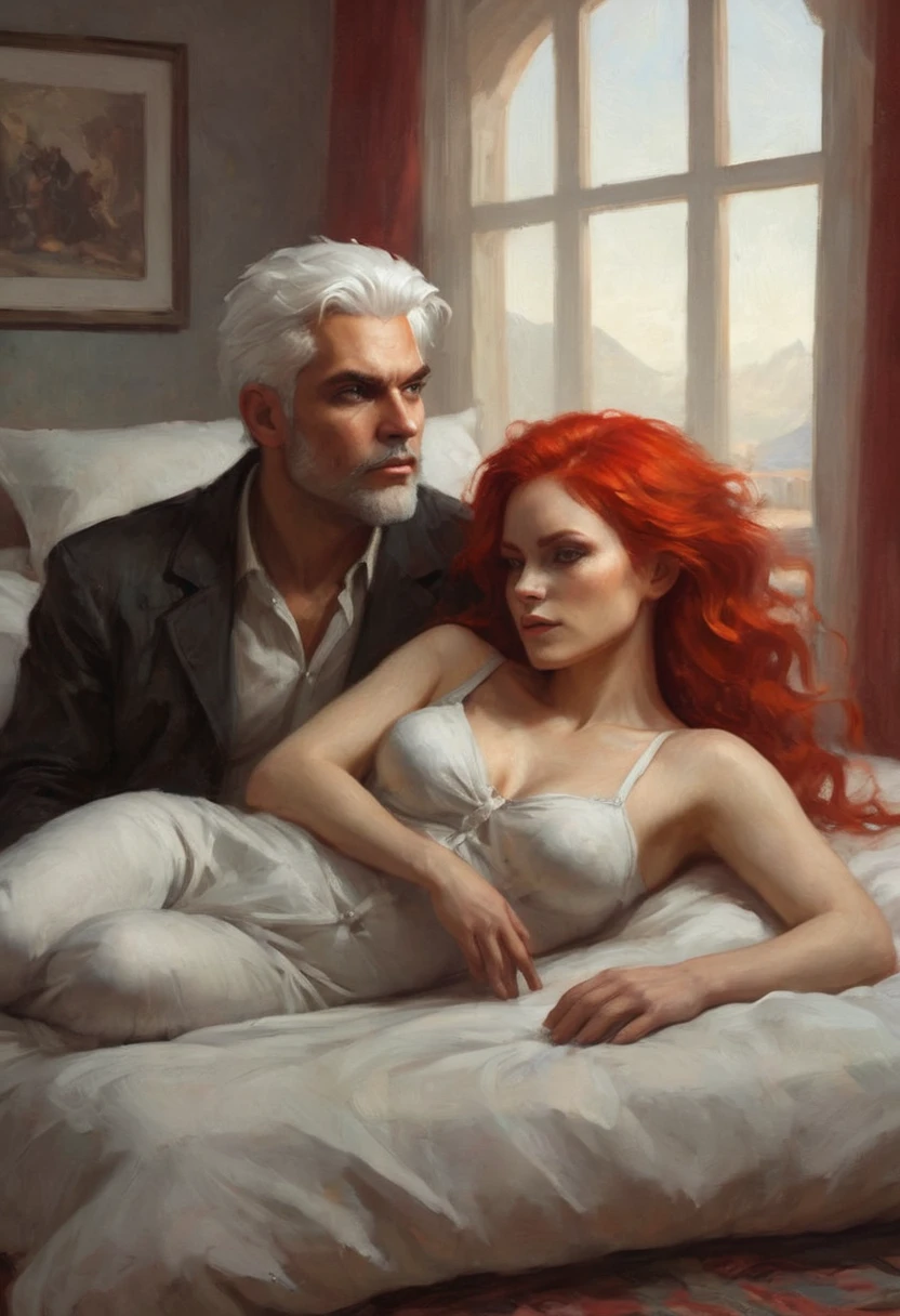 man with white hair and woman with red hair lying side by side on bed, woman lying on back, man lying on stomach, masterpiece, best quality, (extremely detailed CG unity 8k wallpaper), (best quality), (best illustration), (best shadow), absurd, realistic lighting, (Abyss), beautiful detailed glow, art by PeterMohrBacher,