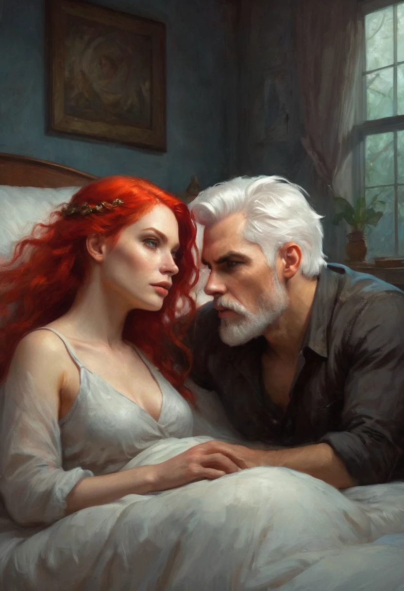 man with white hair and woman with red hair lying side by side on bed, woman lying on back, man lying on stomach, masterpiece, best quality, (extremely detailed CG unity 8k wallpaper), (best quality), (best illustration), (best shadow), absurd, realistic lighting, (Abyss), beautiful detailed glow, art by PeterMohrBacher,