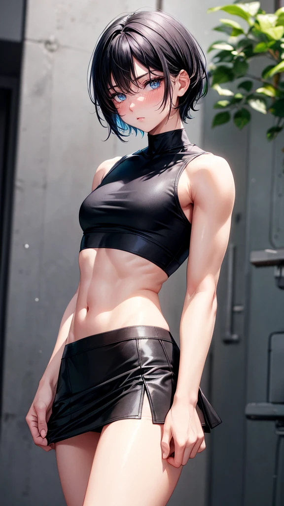 boy, blush cheeks, effeminate, blue colored eyes, short black hair. His skin is clear, he has a thin, muscleless body, thick-thighs. Wearing a black skirt and a short black crop top.