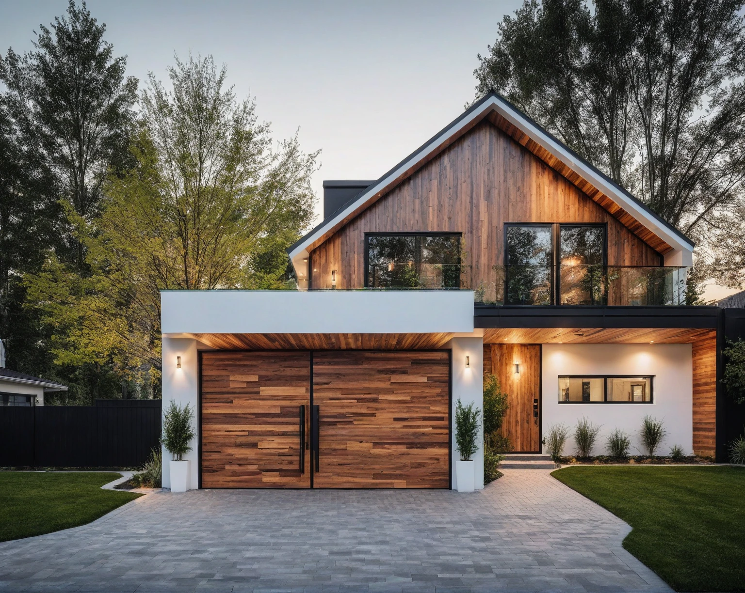 Raw photo, Masterpiece, high quality, best quality, authentic, super detail,
outdoors, house style modern, white wall, revolving wooden door, glass windows, canopy, car, black metal fence, glass railing,
road, grass, trees, nightlight:1.1), vivid colors, (realistic:1.2),
