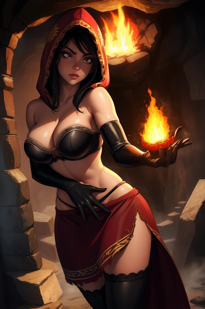 Dsorceress,shadowy face,dark cave,fire, hood, shadowed face,strapless bra,miniskirt,elbow gloves, dark skin, 1 girl (insanely detailed, masterpiece, best quality),