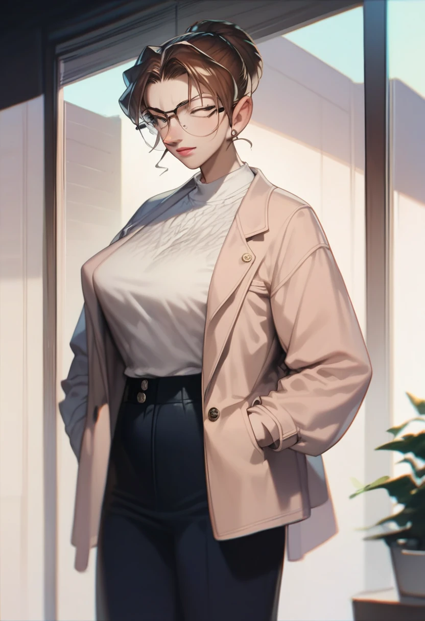 score_9, score_8_up, score_7_up,brown hair，glasses， a mature woman，anime style，perfect figure