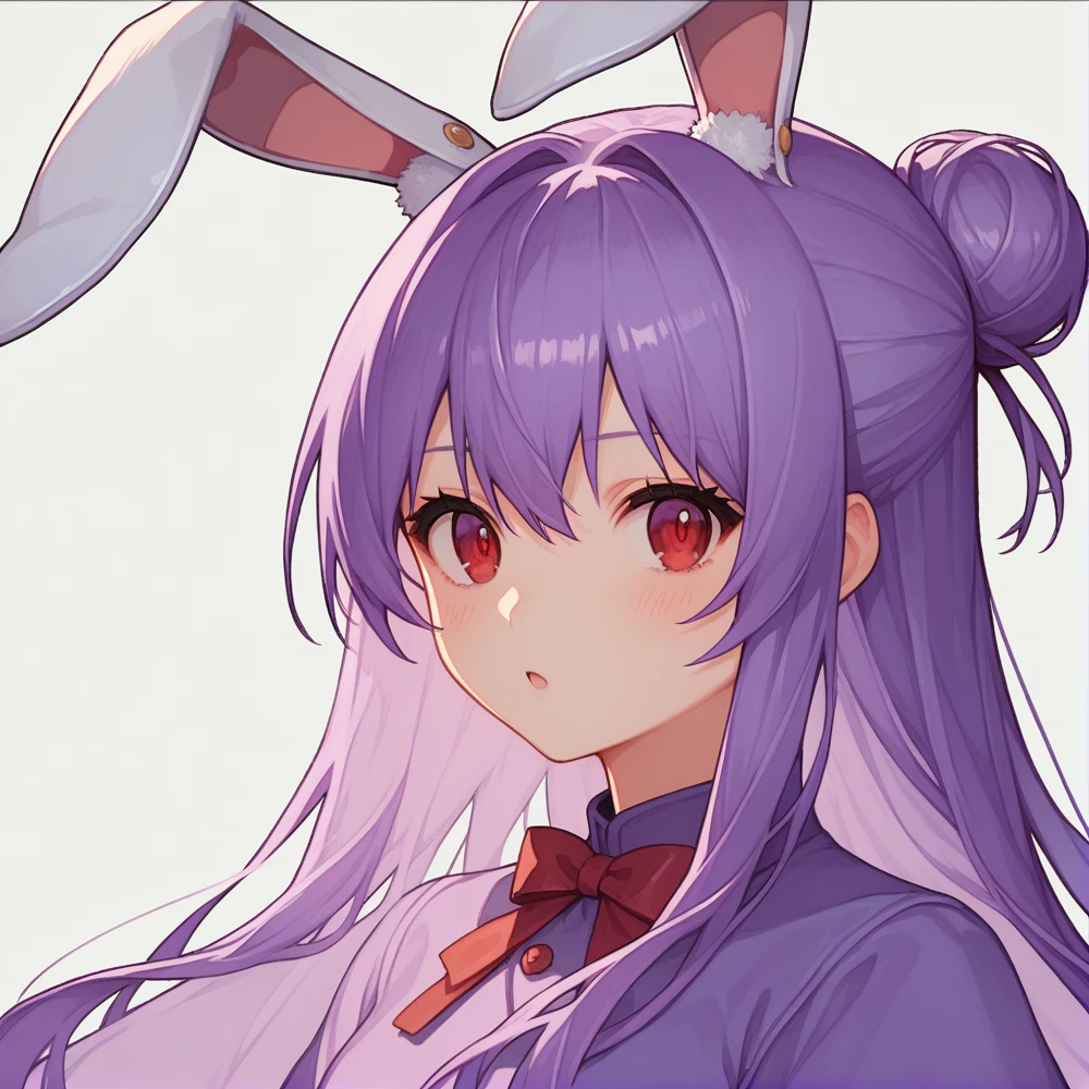 score_9, score_8_up, score_8, score_9, 1 girl,  source_anime,  reisen udongein inaba, purple hair, red eyes, rabbit ears, rabbit girl, long hair, portrait, bun hairstyle, violet kimono, sedge hat