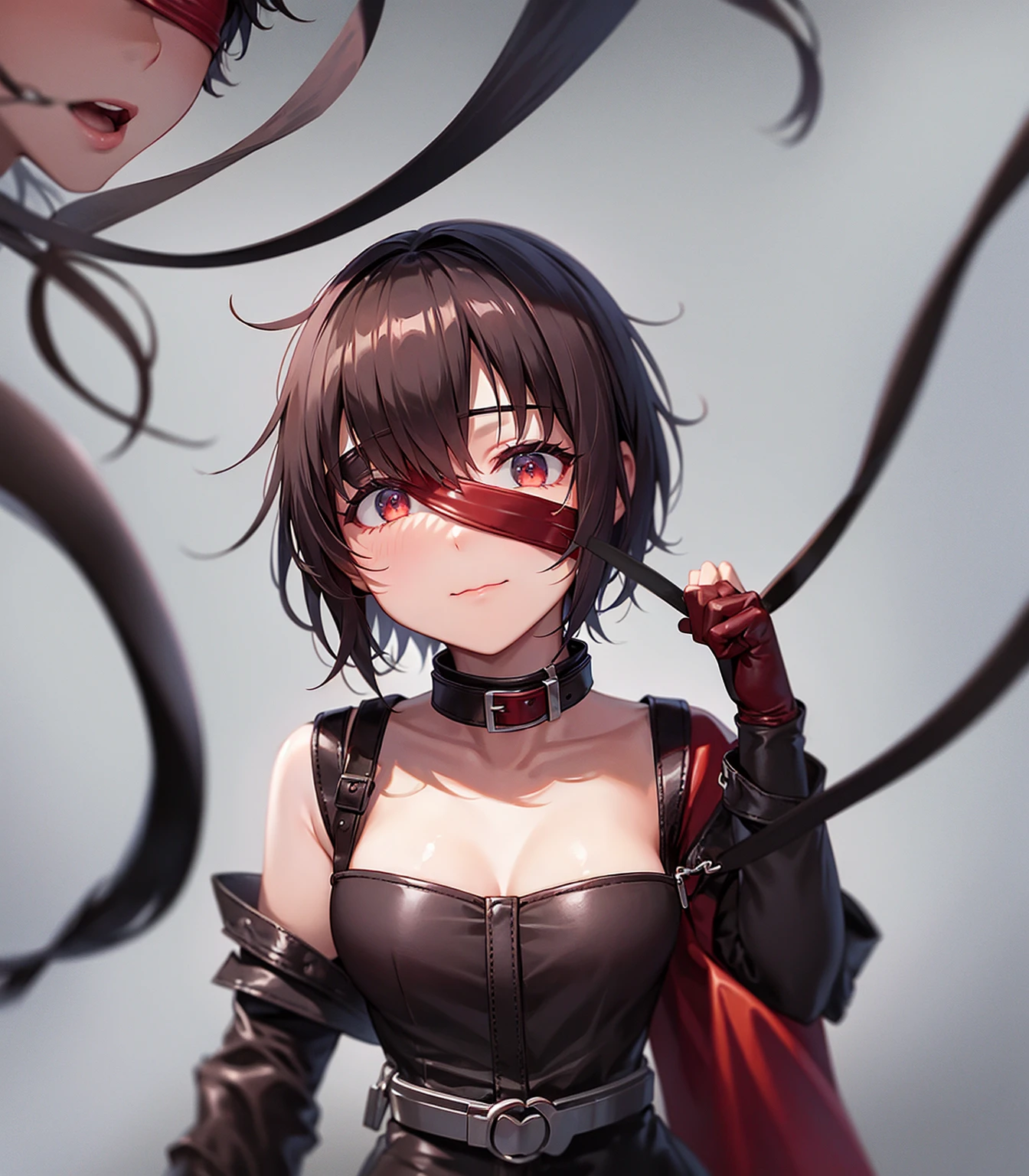 ((Slave Collar)),Lock,((gag)),((((red Leather blindfold)))),Luxurious,((Very short hair)),Are sleeping,Cute  ,Tiny ,Small ,Childish face, Very fine clean face,Top quality, Subtle light, Soft lighting,Light from directly behind, With bust up,Front view,prison