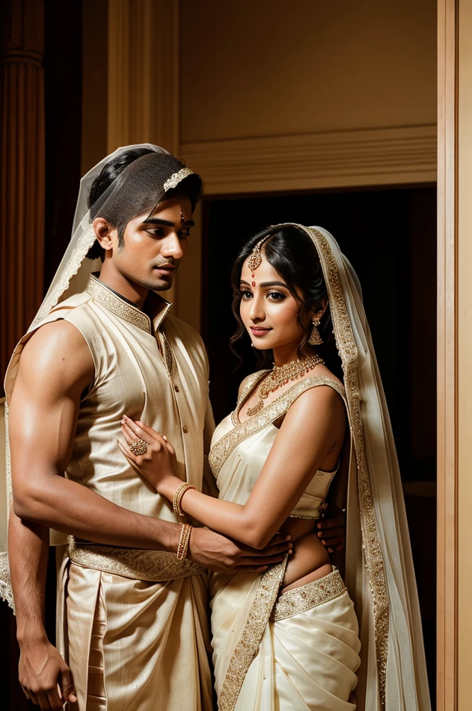 There is a beautiful girl who is wearing a bridal saree and it is her wedding night and the boy is lifting her veil.