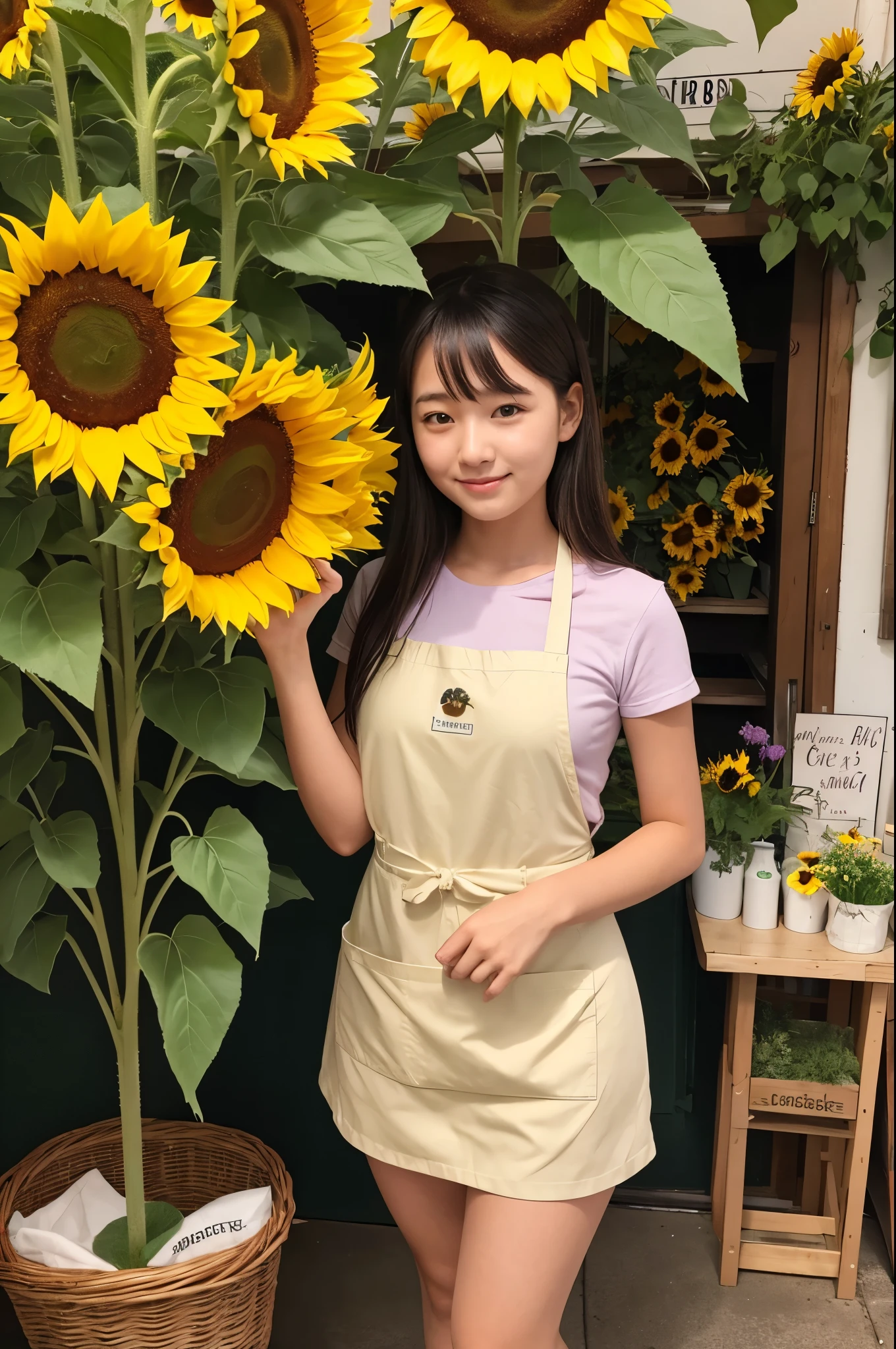 A 20-year-old girl working at a flower shop with lots of sunflowers.（Wearing a miniskirt and apron）
