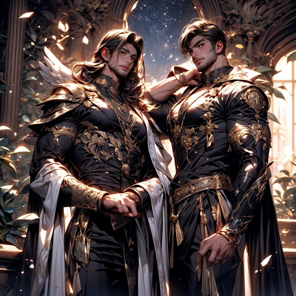 Majestic and muscular、A noble, winged archangel、Holding a long sword、Wearing ancient robes、Sharp Eye、Sharp Nose、With a dignified expression、Floating in the starry sky、(Highest quality、8K、Hyperrealistic、masterpiece:1.2)、Super detailed、(Real、Photorealistic、Photorealistic:1.37)、Concept Art、Dramatic lighting、Cinematic、Chiaroscuro、grow、god々Shii、Awe-inspiring、Intricate details、Dramatic Pose、Powerful、heroic、Celestial Bodies、ether、god秘的、Shine、Sparkling、Radians