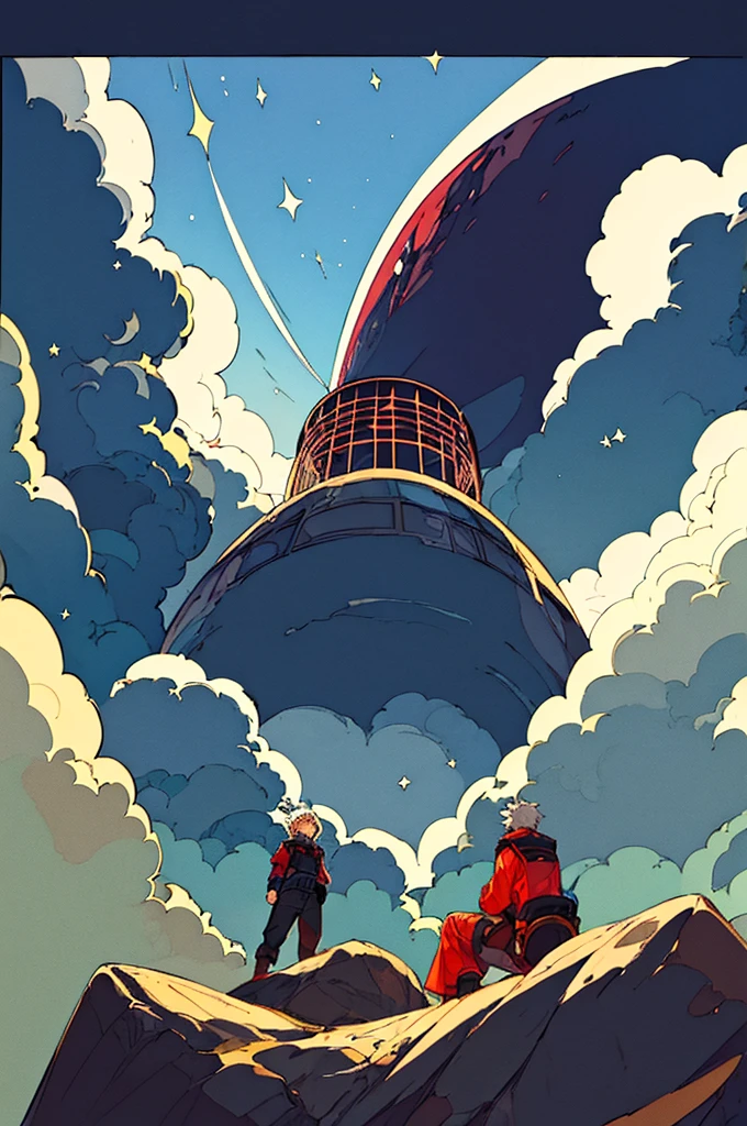 masterpiece,One boy,adventure,night,(Character Focus),Gray Hair,Red eyes,A large floating island in the starry sky,The protagonist looks up,Separate the background and character layers,Characters in a cartoon style and backgrounds in a painterly style