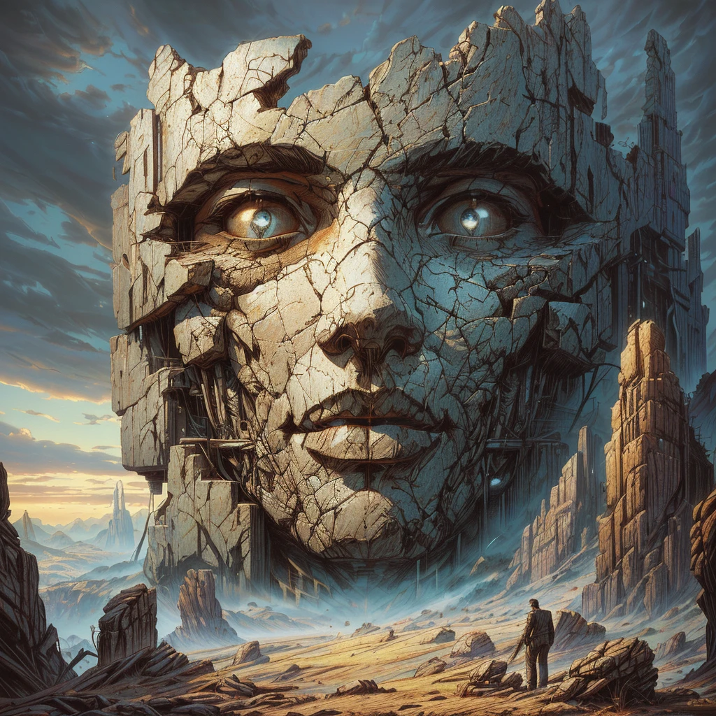 arafed image of a man standing in front of a large stone head, peter gric and dan mumford, sylvain sarrailh and igor morski, inspired by tomasz alen kopera, yuri shwedoff and tom bagshaw, greg beeple, tomasz alen kopera and cgsociety, beksisnski
