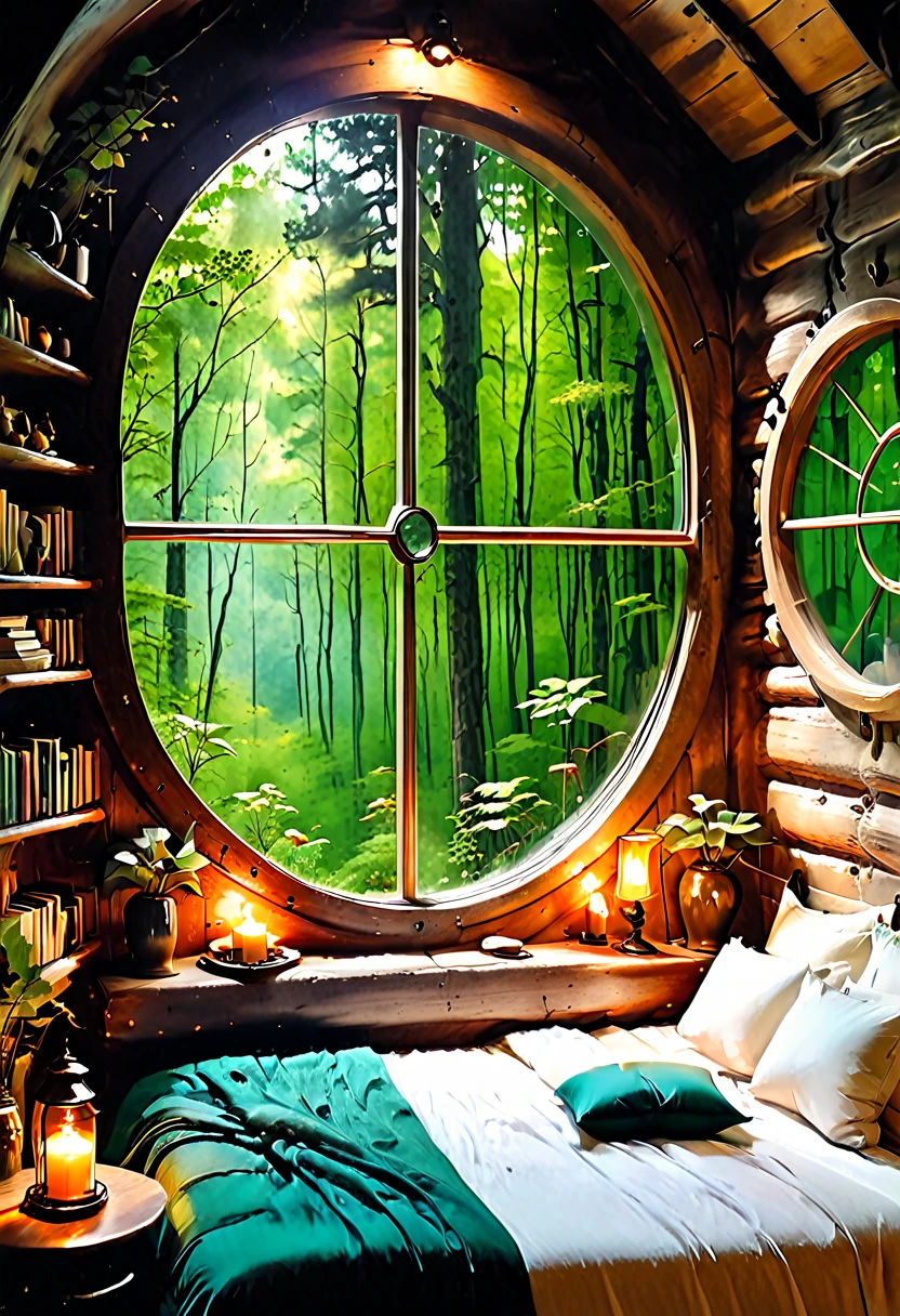closeup, cozy bed with blankets and pillows next to a round window, in a cabin in the middle of a dense forest on a summer day. The interior is filled with nature-inspired decor like wooden furniture and green plants. With candles and books on the windowsill, string lights —ar 2:3 —style raw