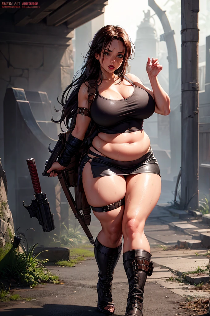 score_9_up, ((tomb rider- lara croft)), Bimbofication, Lips should be plump, has a voluptuous mouth, has a miniskirt showing her butt, panties and buttocks, is on her back and is very sweaty, has high heels on, has a crop top on and has beautiful red lipstick on, clothes are wet and tight from sweat., nude thick ass, bbw body, plump body