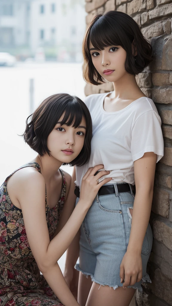 (Highest quality, Very detailed, masterpiece:1.2), 1 women, Very thin body, length, Thin legs, ((Black wavy short hair:1.2)), ((Thick and fluffy bangs)), Very detailedな顔,A faint smile, small, Thin Nose, small thin mouth, Extremely sharply focused eyes, Japanese, Beautiful Face, Realistic eyes, Beautiful and beautiful eyes, Realistic Skin, Beautiful Skin, charm, (A vivid face), Beautiful Hairstyles,((Over Size Tシャツ)),脇を見せる,腕を上げる,Creepy and unique hairstyles,下からのアングル, High resolution, Vibrant color palette, Mysterious and mysterious stone wall, Amazing place,Characteristic dark shadows and strange details, background, Backwards