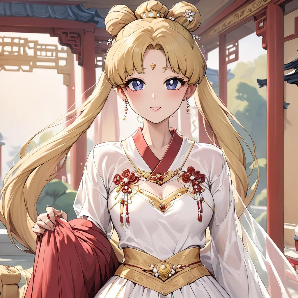 ((Highest quality)), ((masterpiece)), (detailed), （Perfect Face）、The woman is Tsukino Usagi, with long blonde hair in a chignon twin tail.、A woman is wearing a gorgeous and dazzling red ancient Hanfu wedding costume and luxurious jeweled accessories in an ancient Chinese palace and is getting married to a dignified man, the First Emperor, in a luxurious palace.、The man is the First Emperor of ancient China, wearing a wedding dress and getting married to the woman.