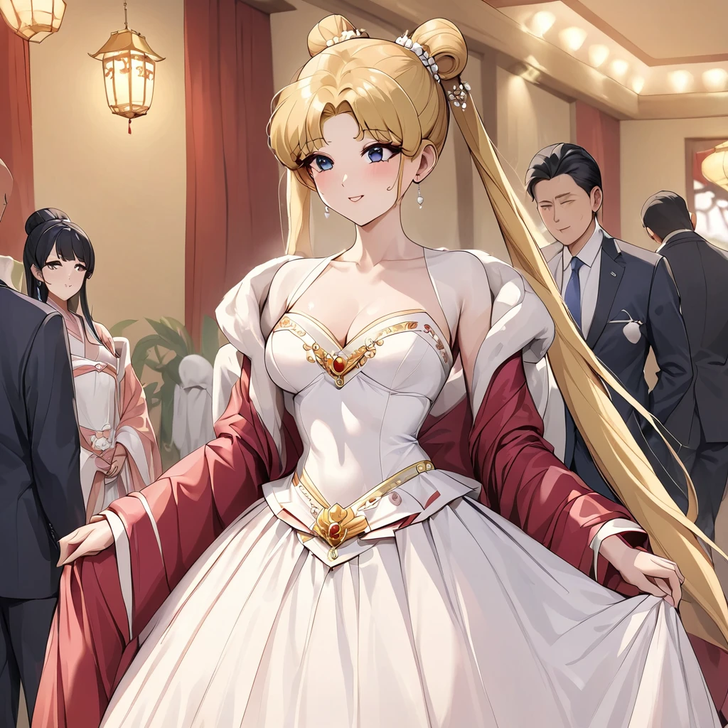 ((Highest quality)), ((masterpiece)), (detailed), (Perfect Face)、The woman is Tsukino Usagi, with long blonde hair in a chignon twin tail.、A woman is wearing a gorgeous and dazzling red ancient Hanfu wedding costume and luxurious jeweled accessories in an ancient Chinese palace and is getting married to a dignified man, the First Emperor, in a luxurious palace.、The man is the First Emperor of ancient China, wearing a wedding dress and getting married to the woman.