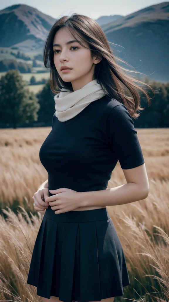 8k, best quality, masterpiece, realistic, ultra detail, photo realistic, Increase quality,
a photo of a girl standing in a field with a scarf, in the style of dark and brooding designer, voluminous mass, photobash, serene faces, jagged edges, navy, natural beauty, close-up shot
Wearing mini black skirt and white top