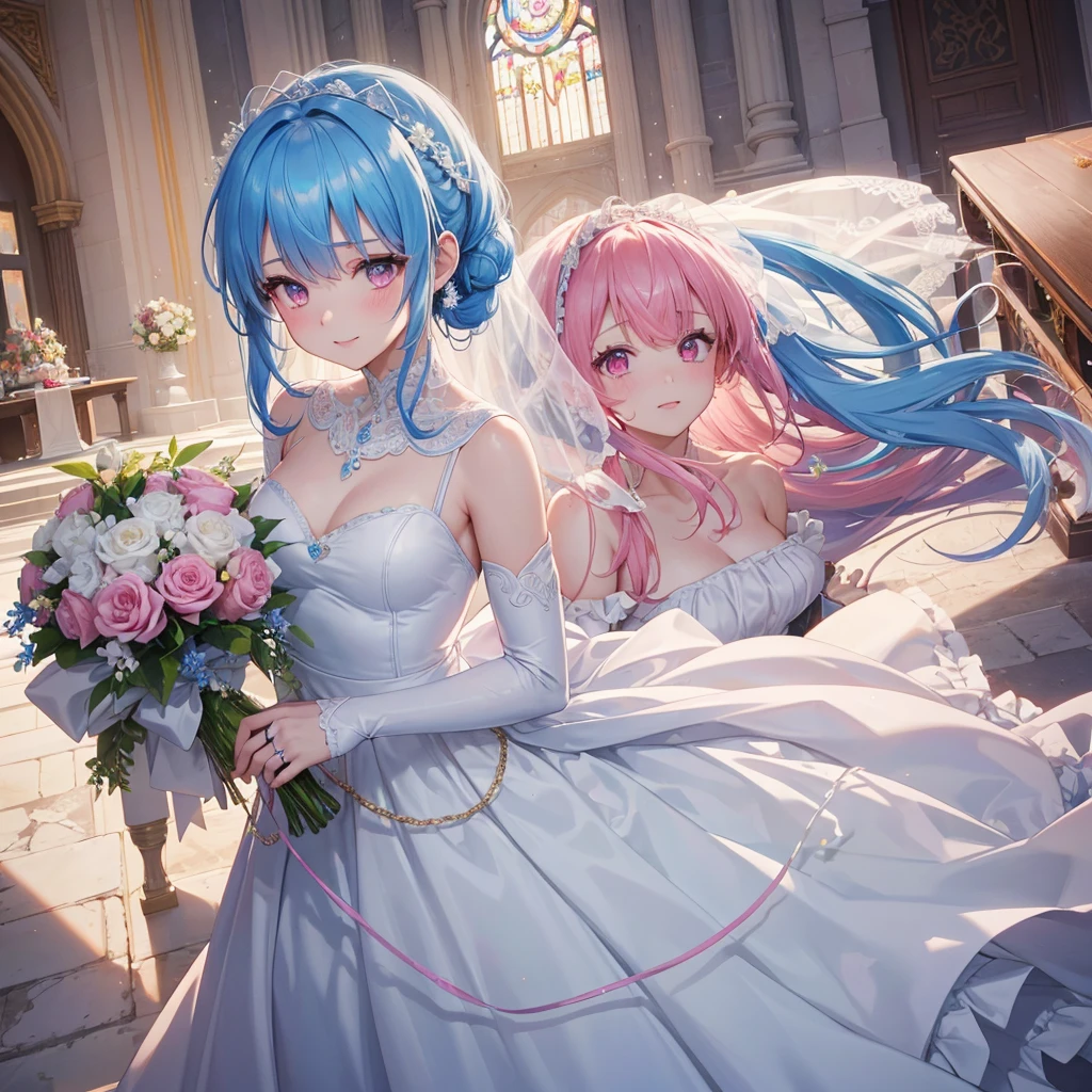 Sky blue hair, (One braided ponytail),(Pink Eyes),Fair skin ,(whole body),(One girl),bride,A big smile,Straight bangs, 6月のbride,Wedding dress,(masterpiece, Highest quality, Very detailed, Best Shadow), (Detailed Background), (Beautifully detailed face), High Contrast, (Best lighting, Very delicate and beautiful), ((Cinematic Light)), colorful, Hyper Detail, Dramatic Light, Intricate details,Chapel background,A bouquet of roses in the right hand,Ring on left ring finger,