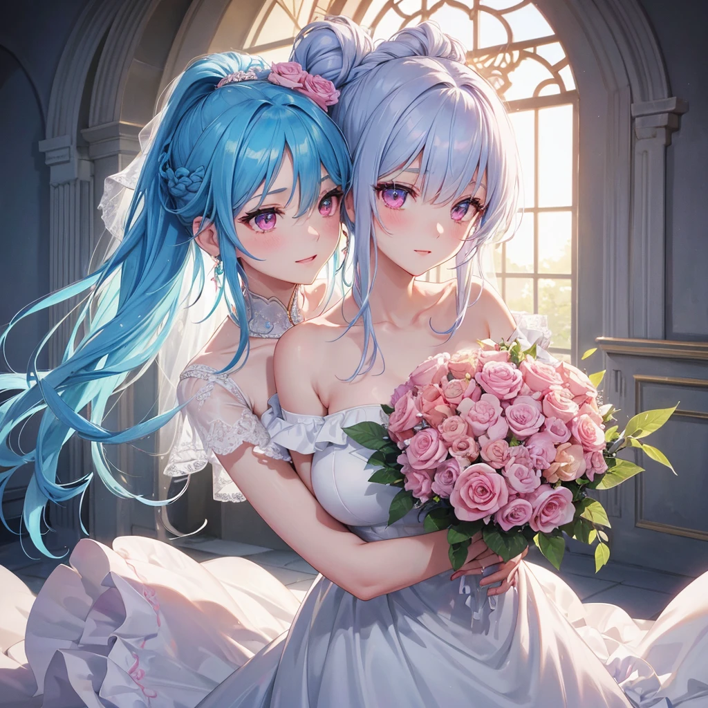 Sky blue hair, (One braided ponytail),(Pink Eyes),Fair skin ,(whole body),(One girl),bride,A big smile,Straight bangs, 6月のbride,Wedding dress,(masterpiece, Highest quality, Very detailed, Best Shadow), (Detailed Background), (Beautifully detailed face), High Contrast, (Best lighting, Very delicate and beautiful), ((Cinematic Light)), colorful, Hyper Detail, Dramatic Light, Intricate details,Chapel background,A bouquet of roses in the right hand,Ring on left ring finger,