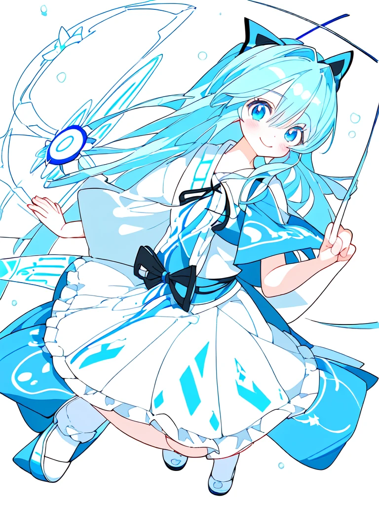 anime girl with long hair and blue eyes walking in the rain, white cyan,  in dress, paint tool sai!! blue, rem rezero, cirno touhou, from touhou, anime moe artstyle, mikudayo, cirno from touhou, , holding a pudica pose, happy!!!, touhou character