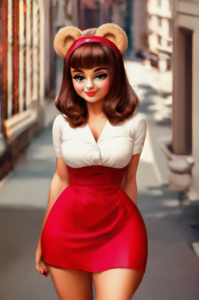 fashionable 60s young lady bear, red_dress, girlfriend, wife, cute pose