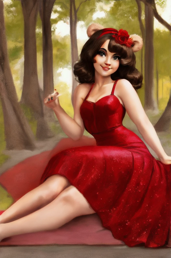 fashionable 60s young lady bear, red_dress, girlfriend, wife, cute pose