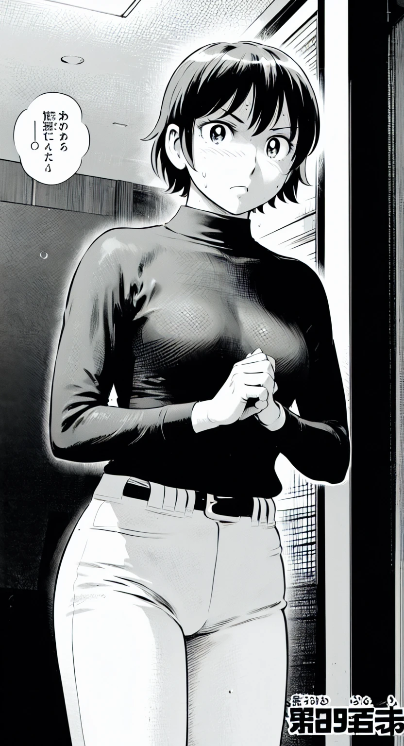 (野球uniform:1.2),
Blonde Hair, (short hair:1.2),Long sleeve, Black Shirt, turtleneck,White trousers、uniform、Black belt、((Illustration of people))、Big 、
View Audience,, (Highest quality:1.3),One Girl, White pants、uniform、indoor、baseball 、White wall、blue eyes、Tight black shirt、(masterpiece、Highest quality)、Highest quality, Ultra-high resolution, (((masterpiece))), alone, Sweat、Big eyes、Big Breasts、One Girl, Front view、Embarrassed face、Bronze colored hair、((short hair))、Stand up straight、Cowboy Shot