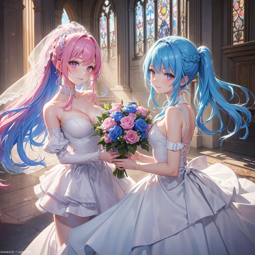 Sky blue hair, (One braided ponytail),(Pink Eyes),Fair skin ,(whole body),(One girl),bride,A big smile,Straight bangs, 6月のbride,Wedding dress,(masterpiece, Highest quality, Very detailed, Best Shadow), (Detailed Background), (Beautifully detailed face), High Contrast, (Best lighting, Very delicate and beautiful), ((Cinematic Light)), colorful, Hyper Detail, Dramatic Light, Intricate details,Chapel background,A bouquet of roses in the right hand,Ring on left ring finger,