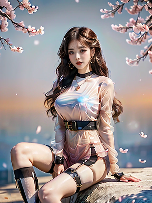 An Asian Chinese female model, Maple leaves background at night, (8K Ultra HD, Digital SLR Camera, Soft Light, high quality, Volumetric Lighting, frank, photo, high resolution, 4K, 8K, Bokeh), (Create stunning images of real girls, warm light, Dynamic poses, Elegant Posture, Cowboy lens, Full body front view, From the front，Be confident, Front of the body facing the camera, Standing posture facing the camera, Open your legs slightly, Golden Ratio Graphics, Minimalism), (Show a charming smile, Willow Leaf Eyebrows, big eyes, Apricot eye prick, Cherry Blossom, Balanced Eyes, Oval face, Pretty Face, Normal facial features, Skin is transparent and visible, Thin skin and tender meat, cosmetic, earrings, bracelet, necklace, Jewelry, veil, Hair accessories), (Brown hair, Wavy curly hairstyle, Waist-length hair, Messy Hairstyle, Gradient hairstyles, Cyberpunk hairstyle), (Transparent clothes：1.5, Pink clothes, Latex clothes，Clear latex tights), (Sexy, Perfect breast shape, Teardrop-shaped chest shape, Snow-white breasts, very detailed breasts, 34E cup), (Super high waist clothes, Waist hollow, Levain), (Black socks, Clear knee-length socks, 吊garter, Leg ring, garter, 腿部garter)