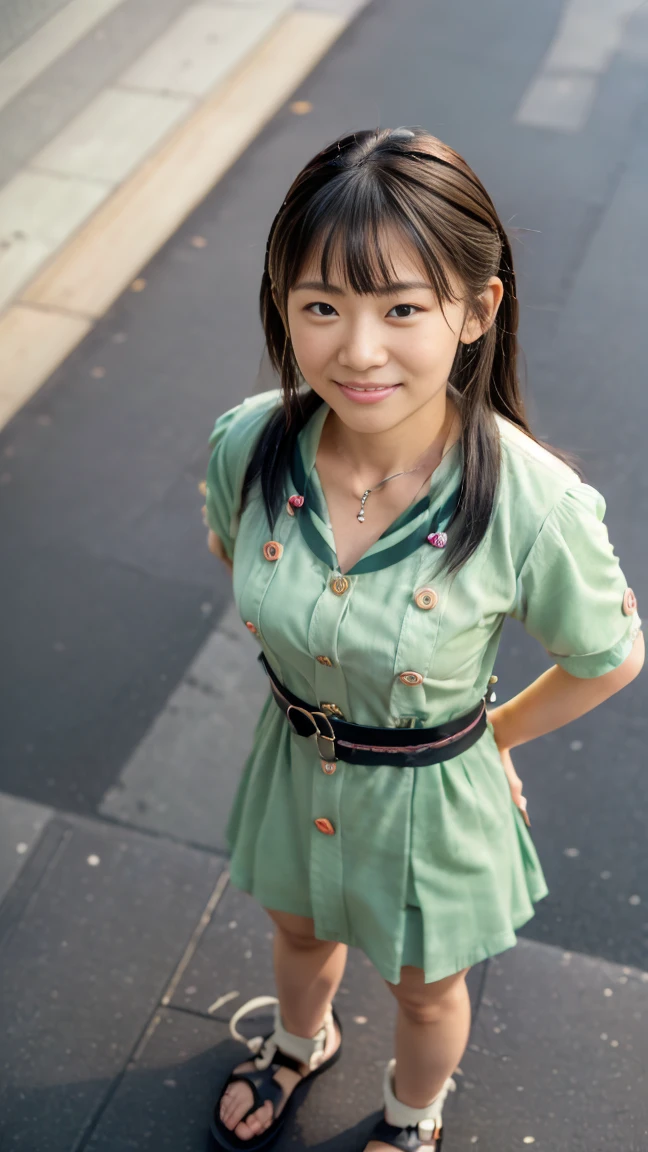((low angle full body shot:1.5)), ((wide shot:1.5)), ((View your viewers:1.5)), ((Looking into the camera:1.5)), ((looking at viewer:1.5)), ((look into the viewer's eyes:1.5)), (ultra detailed), (masterpiece), (best quality), (top-quality, 16K, masterpiece:1.3), Highest quality, masterpiece, (Realistic:1.4), Raw photo, Surreal, Highest quality, Extremely detailed CG, Very delicate and beautiful, 16K Wallpaper, Ultra-high resolution, 1 woman, 38歳の日本people々woman, (small eyes:1.5), (Skin dents), Medium Chest, (Professional Lighting), In the streets of Shibuya, people々, Long Hair, (bangs:1.5), ((casual and comfortable shirt dress with a button-up front and a belted waist:1.5)), ((wearing mama fashion style sandals:1.5)), Nice, Floating Hair, ((standing:1.5)), (Dynamic pose:1.5), (sunset:1.2), (Shy Smile:1.2), Thin lips, slim, (Highly detailed face), (Highly detailed facial expressions), (Face the front completely:1.5), Slender body, Large file size,