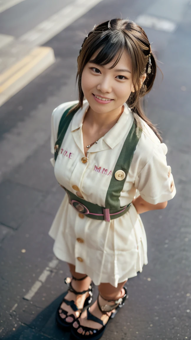 ((low angle full body shot:1.5)), ((wide shot:1.5)), ((View your viewers:1.5)), ((Looking into the camera:1.5)), ((looking at viewer:1.5)), ((look into the viewer's eyes:1.5)), (ultra detailed), (masterpiece), (best quality), (top-quality, 16K, masterpiece:1.3), Highest quality, masterpiece, (Realistic:1.4), Raw photo, Surreal, Highest quality, Extremely detailed CG, Very delicate and beautiful, 16K Wallpaper, Ultra-high resolution, 1 woman, 38歳の日本people々woman, (small eyes:1.5), (Skin dents), Medium Chest, (Professional Lighting), In the streets of Shibuya, people々, Long Hair, (bangs:1.5), ((casual and comfortable shirt dress with a button-up front and a belted waist:1.5)), ((wearing mama fashion style sandals:1.5)), Nice, Floating Hair, ((standing:1.5)), (Dynamic pose:1.5), (sunset:1.2), (Shy Smile:1.2), Thin lips, slim, (Highly detailed face), (Highly detailed facial expressions), (Face the front completely:1.5), Slender body, Large file size,