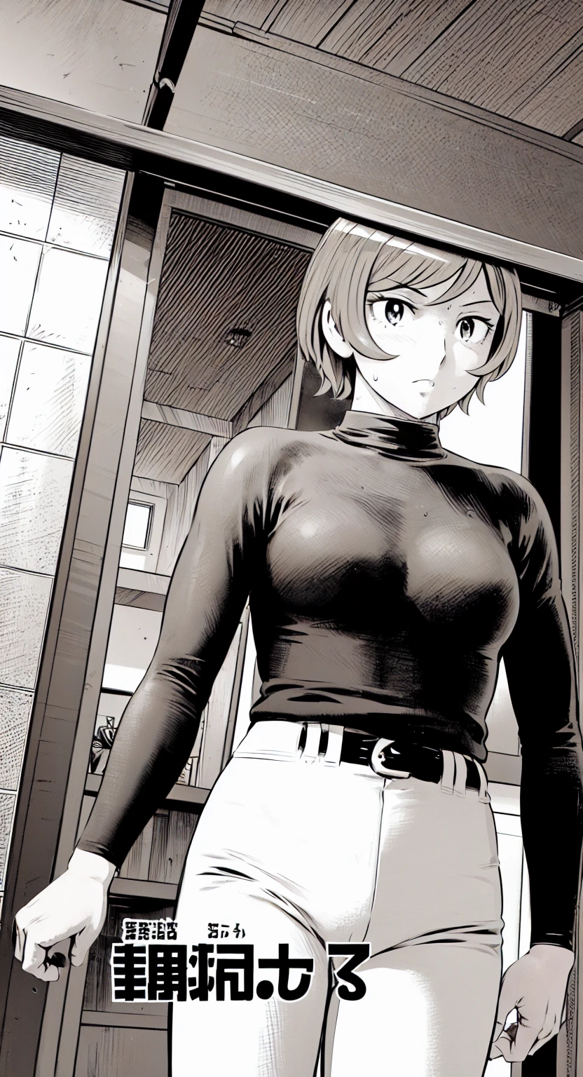 (野球uniform:1.2),
Blonde Hair, (short hair:1.2),Long sleeve, Black Shirt, turtleneck,White trousers、uniform、Black belt、((Illustration of people))、Big 、
View Audience,, (Highest quality:1.3),One Girl, White pants、uniform、indoor、baseball 、White wall、blue eyes、Tight black shirt、(masterpiece、Highest quality)、Highest quality, Ultra-high resolution, (((masterpiece))), alone, Sweat、Big eyes、Big Breasts、One Girl, Front view、Embarrassed face、Bronze colored hair、((short hair))、Stand up straight、Cowboy Shot