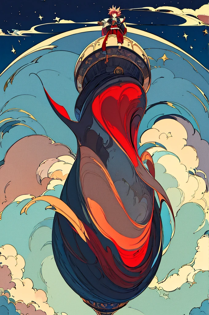masterpiece,One boy,adventure,night,(Character Focus),Gray Hair,Red eyes,A large floating island in the starry sky,The protagonist looks up,Separate the background and character layers,Painting only the background layer